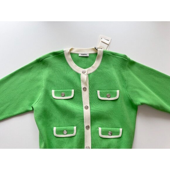 NWT SANDRO Murcie Green Ivory Knit Boxy Crest Button Cardigan Sweater, Size 1/S - Picture 7 of 16